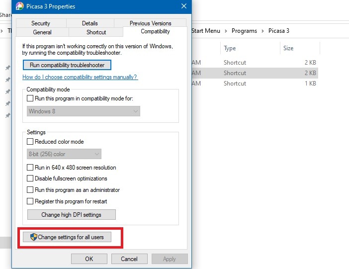 Solucionador de problemas de compatibilidad de programas Cambiar configuración Todos los usuarios