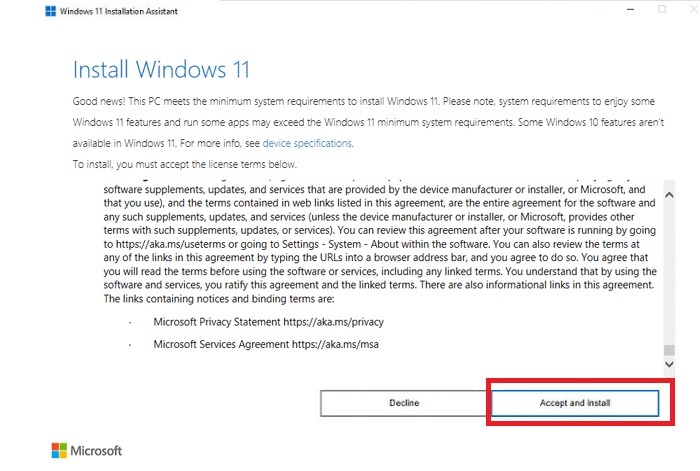 Acuerdo del asistente de instalación de instalación de Windows 11