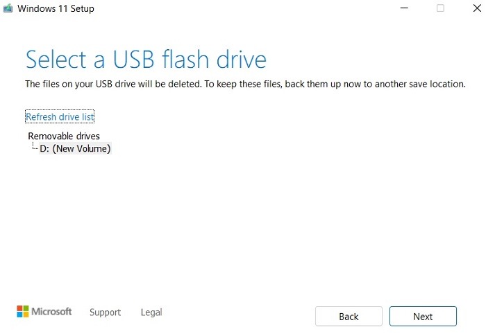 Windows11 Instalar creación de medios Seleccionar unidad USB