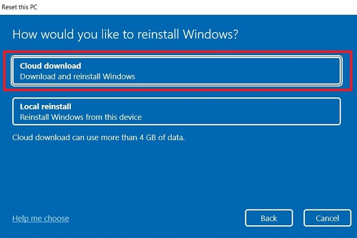 Windows11 Búsqueda atascada Restablecer descarga en la nube