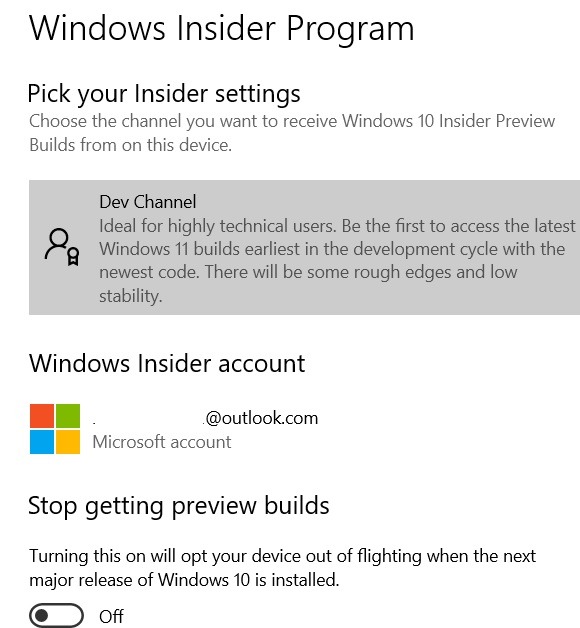 Configuración de Insider del canal de desarrollo de Windows 11