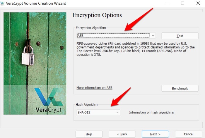 Opciones de cifrado de Veracrypt Windows