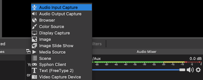 Las opciones de entrada de audio OBS.