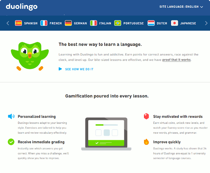 Aprende idiomas Sitio web de Duolingo 1