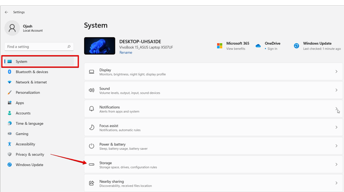 Sección de almacenamiento de configuración de Windows 11