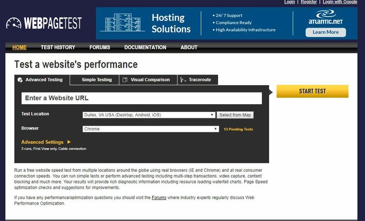 Herramientas de velocidad del sitio web Webpagetest