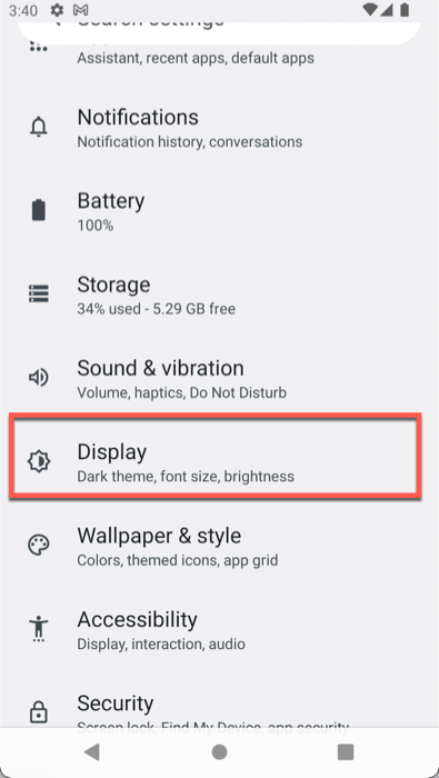 Menú de configuración de pantalla Android