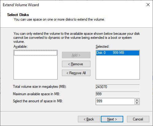 Expanda el asistente de extensión de volumen de almacenamiento de Windows