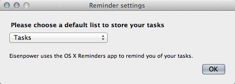 Configuración de Eisenpower: elija una lista de tareas predeterminada en la aplicación Mac Reminders.