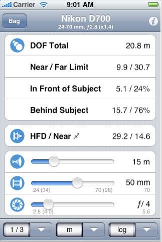 Aplicación para iOS f/8 DoF Calculator.