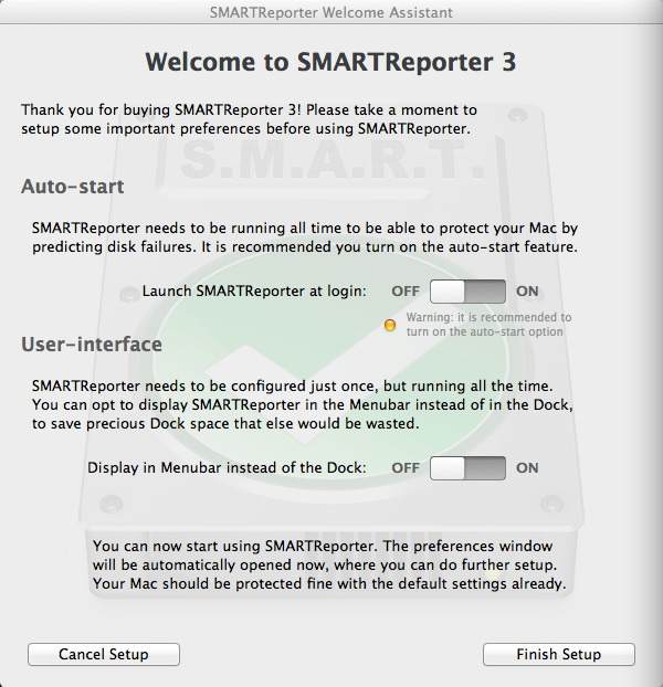 Asistente de bienvenida de SMARTReporter