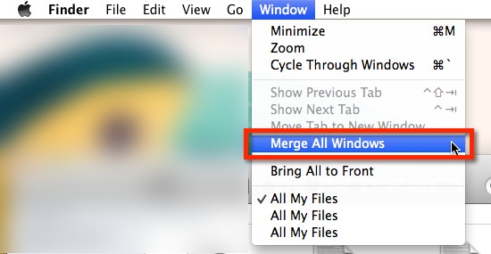 Puede fusionar varias ventanas del Finder desde el menú 