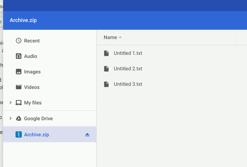 Archivo Zip montado en la aplicación Chrome Files