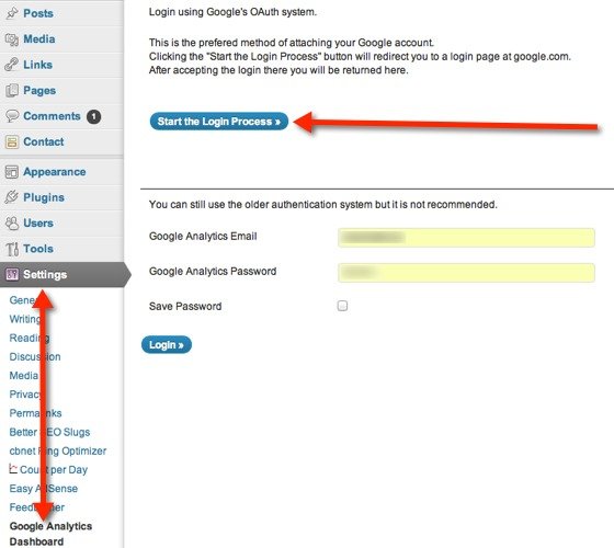 Configuración del complemento del panel de control de Google Analytics: inicie sesión a través de OAuth.