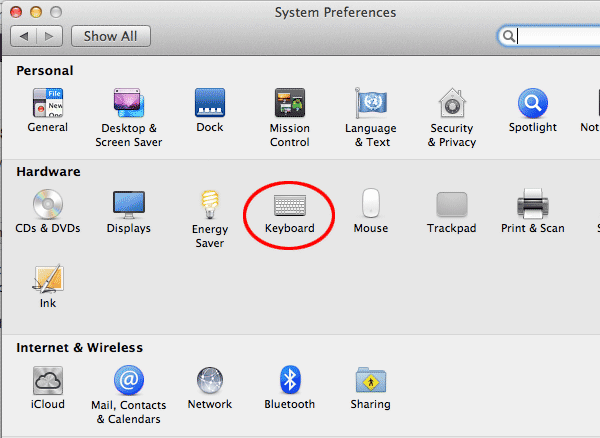 Abra la sección del teclado en el panel de Preferencias