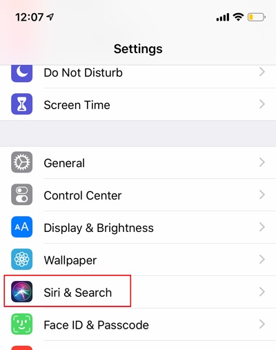 Deshabilitar Siri Siri y la configuración de búsqueda