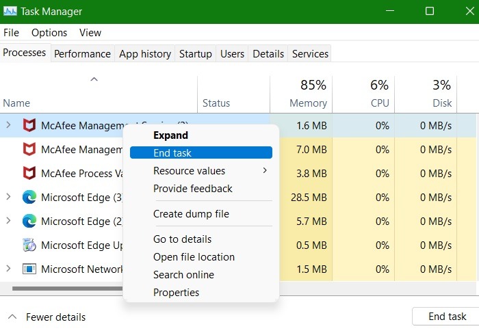 Reparación de memoria alta Tarea final de Windows 11