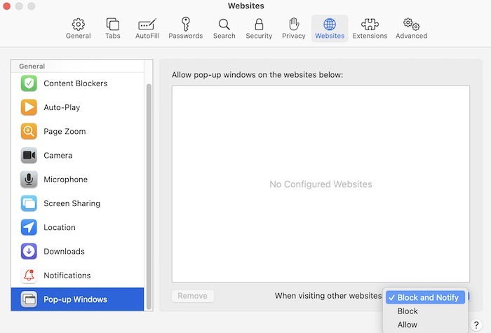 Bloquear Permitir preferencias de ventanas emergentes de Safari