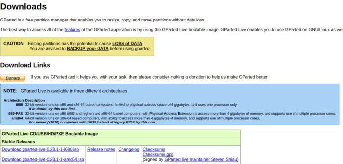 Linux-home-directory-gparted-download-page