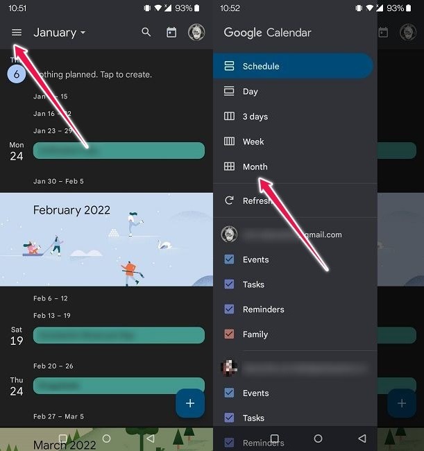 Compartir archivos Ubicaciones Google Calendar Móvil Cambiar vista mensual