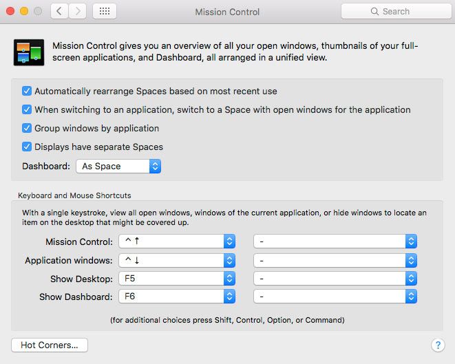 Use las preferencias del sistema de Mac OS X para configurar el entorno de trabajo para Mission Control.