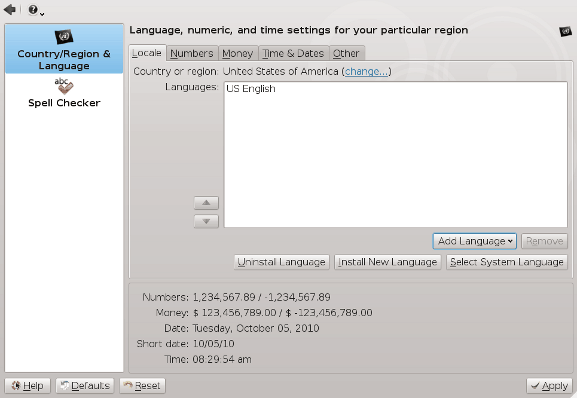 Captura de pantalla de la configuración del sistema KDE país/región