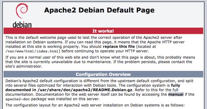 Ingrese la dirección IP de su Raspberry Pi y debería ver la página web predeterminada de Apache.