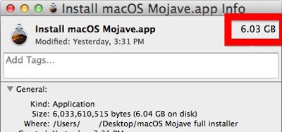 Tamaño de archivo de Macos Mojave