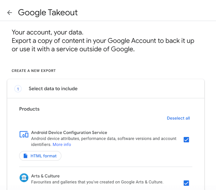 Puede descargar sus datos de Google utilizando Google Takeout.