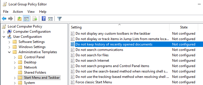configuración-de-política-de-elementos-recientes-win10