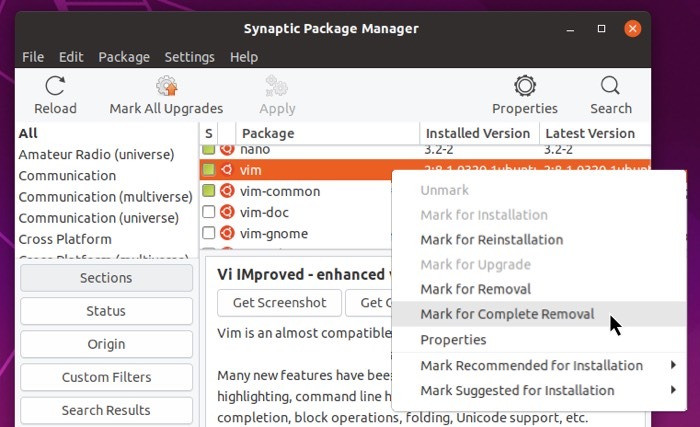 Eliminar completamente el programa Linux Synaptic Mark Remove