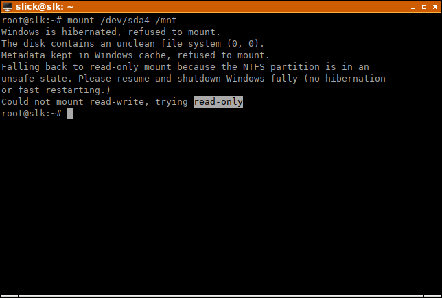 Monte Ntfs desde Linux Ejemplo de mensaje de advertencia de solo lectura