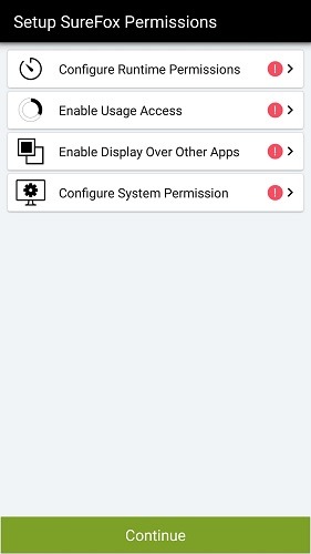 Permisos del modo quiosco de Surefox