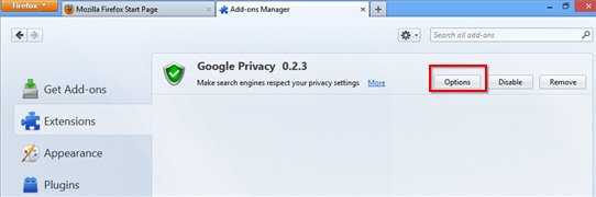Opciones de extensión de privacidad de Google
