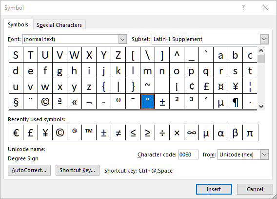 Insertar símbolo de grado Menú de símbolos de Microsoft Word