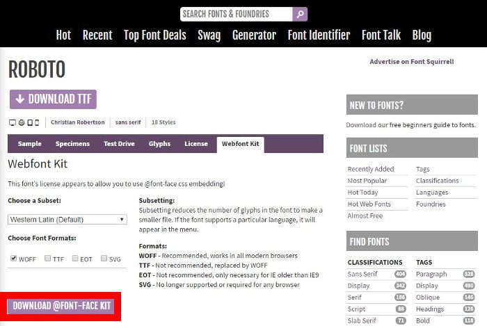 La página de Roboto en FontSquirrel.