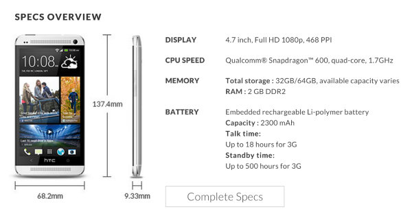 Especificaciones del teléfono inteligente - HTC-One