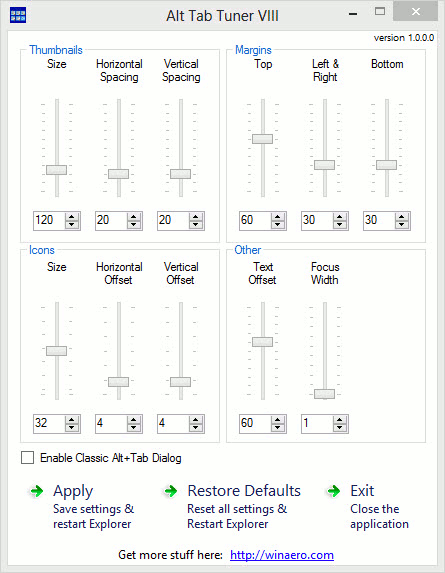 La ventana del programa Alt Tab Tuner VIII.