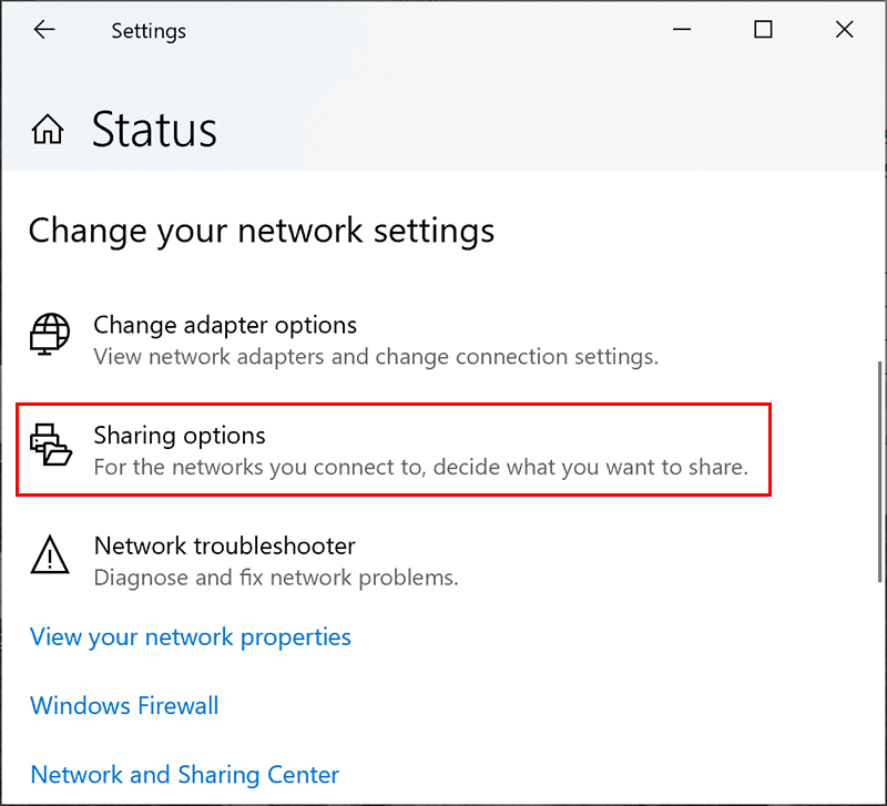 Menú de configuración de uso compartido de red de Windows