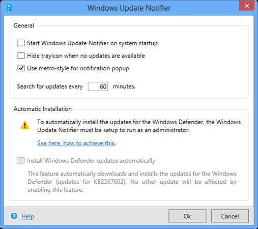 Configuración del notificador de actualización de Windows