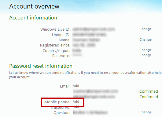 Agregar número de móvil Cuenta de Windows Live