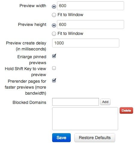 Página de opciones de SwiftPreview.