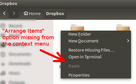 nautilus-context-menu-arrange-items-option-missing