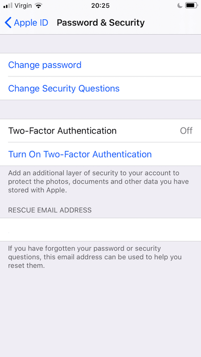 Si aún no lo ha hecho, deberá configurar la autenticación de dos factores en su aplicación de configuración de iOS.