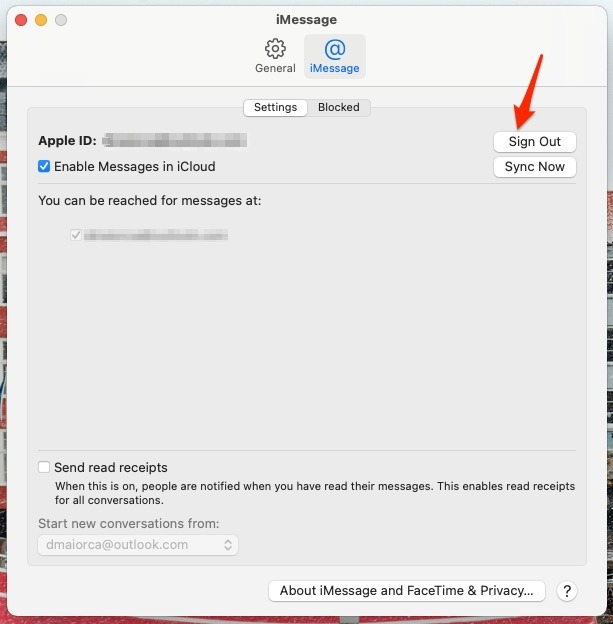 Captura de pantalla que muestra la opción de cerrar sesión en la aplicación Mac Messages