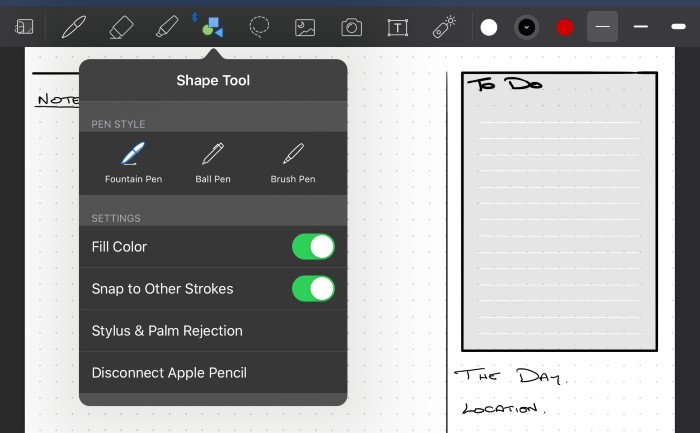 Imagen que destaca la herramienta de forma de Goodnotes, que le permite crear líneas, círculos y cuadros nítidos.