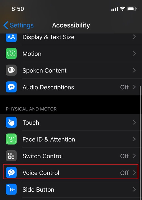 Habilitar control de voz Control de voz de iOS