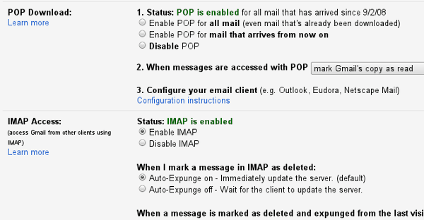 Gmail POP and IMAP settings