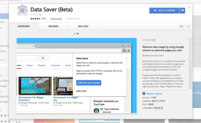 Descarga la extensión Chrome Data Saver.