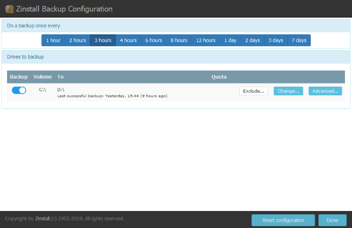 Configuración de copia de seguridad de Zinstall